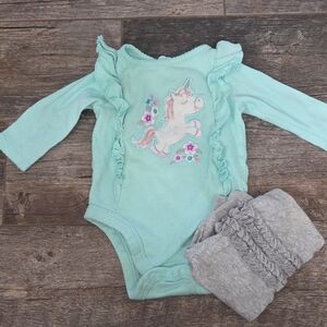 Garanimals Aqua Unicorn Bodysuit with Ruffles And Gray Pants